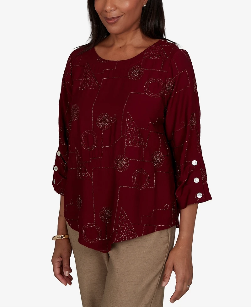 Alfred Dunner Petite Union Square Sparkle Soutache Geo Floral Top