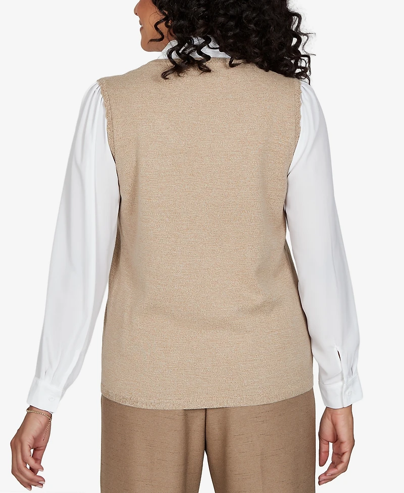 Alfred Dunner Petite Union Square Embroidered Vest Two One Sweater