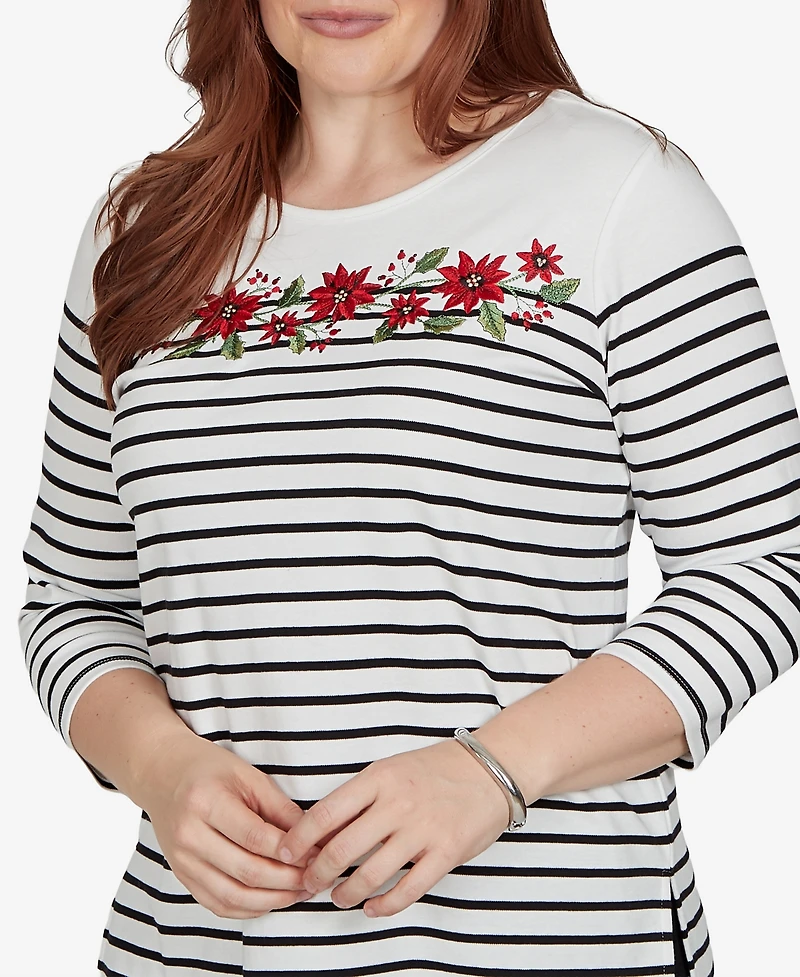 Alfred Dunner Petite Classic Poinsettia Stripe Knit Top