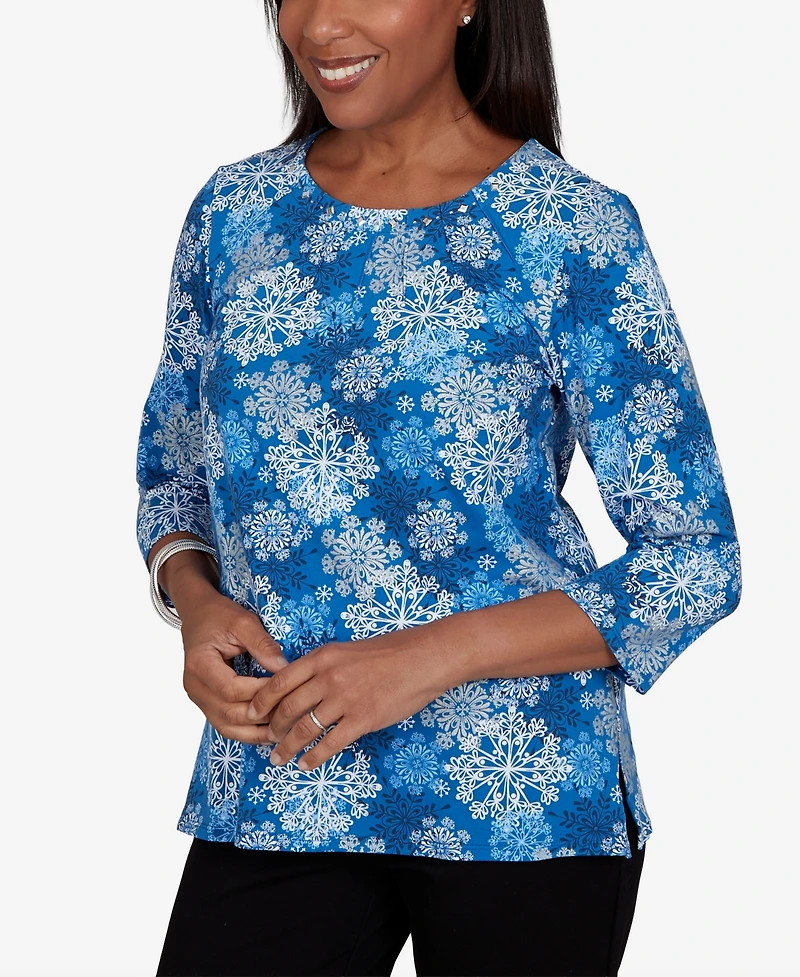 Alfred Dunner Petite Classic Blue Snowflake Print Knit Top