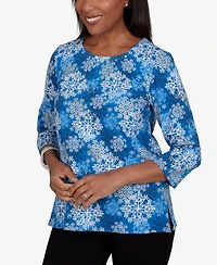 Alfred Dunner Petite Classic Blue Snowflake Print Knit Top