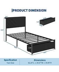 homfan Set of 2 Upholstered Twin Platform Bed Frame with Charging Station Headboard and Storage Drawers, Metal