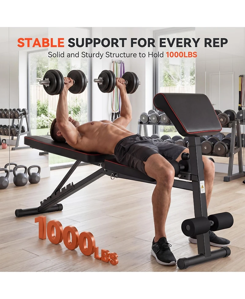 Sugift Adjustable Weight Bench 1000 lbs Foldable Home Gym Heavy-Duty Steel 7-Level Backrest No Assembly