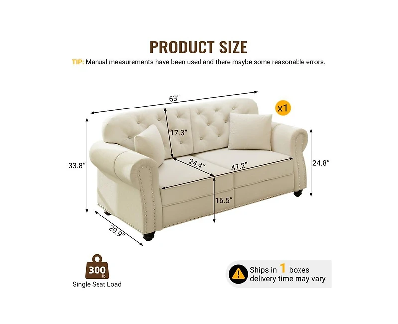 Rainsken 63" Mid-Century Velvet Sofa, Button Tufted Couch with Nailhead Trim, Rolled Armrests and 2 Pillows for Living Room, Apartment, Small Space
