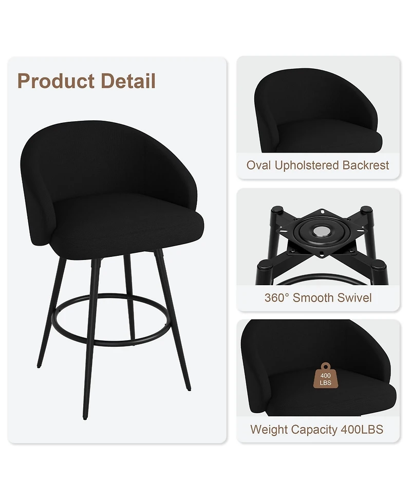 homfan Bar Stools Set of 6, Swivel Counter Height with Back, Polyester Knit Upholstered 25.4 Modern Chair, Metal Frame with Footrest for Kitchen