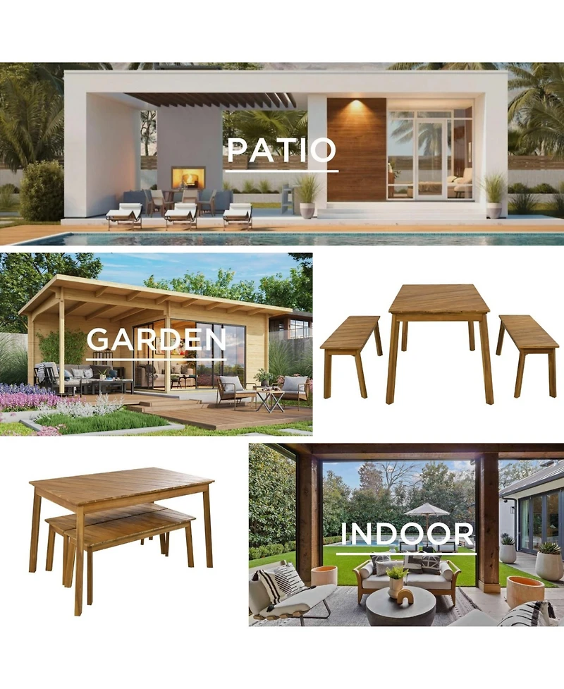 Asagikoiai 3-Piece Acacia Wood Outdoor Dining Table Set with 2 Benches
