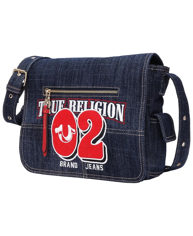 True Religion Women's Varsity Logo Zip Pocket Denim Messenger Bag – Dark Denim Crossbody Bag