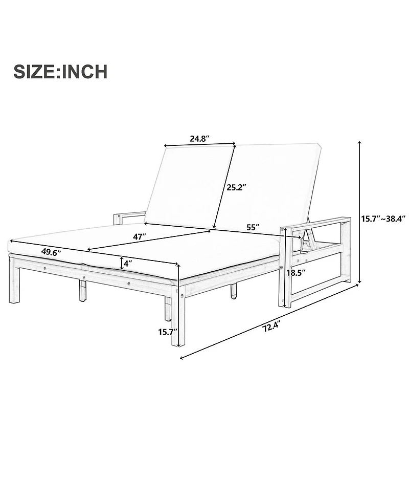 Asagikoiai Acacia Wood Patio Double Lounge Chair with Cushions, Adjustable Reclining Sunbed