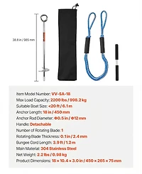 Sevorley Screw-In Sand Anchor, 18 in Stainless Steel Beach Auger Anchor with Spiral Blade and Bungee Rope