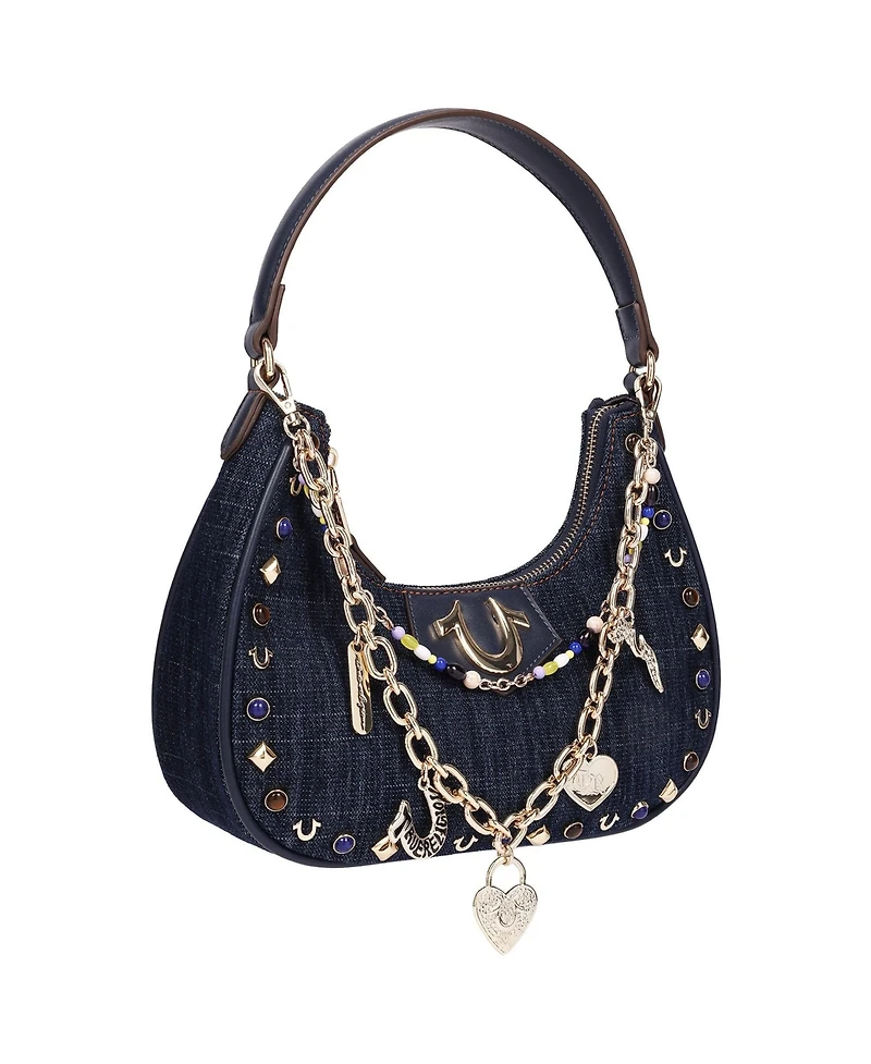 True Religion Women's Studded Denim Shoulder Bag with Removable Charm Chain