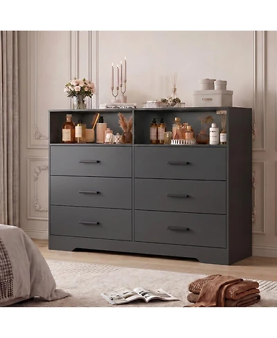 homfan 47" Wide 6 Drawer Dresser with Charging Station and Open Shelf, Chest Deep Drawers, Modern Tv Storage Organizer for Living Room