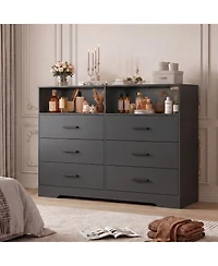 homfan 47" Wide 6 Drawer Dresser with Charging Station and Open Shelf, Chest Deep Drawers, Modern Tv Storage Organizer for Living Room