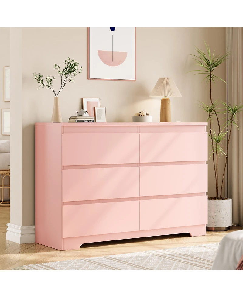 homfan Modern Wide Wooden 6 Drawer Double Dresser, Deep Storage Chest, Anti-Tip, Elegant Organizer for Bedroom, Girls, Nursery, Entryway