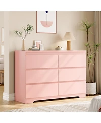 homfan Modern Wide Wooden 6 Drawer Double Dresser, Deep Storage Chest, Anti-Tip, Elegant Organizer for Bedroom, Girls, Nursery, Entryway