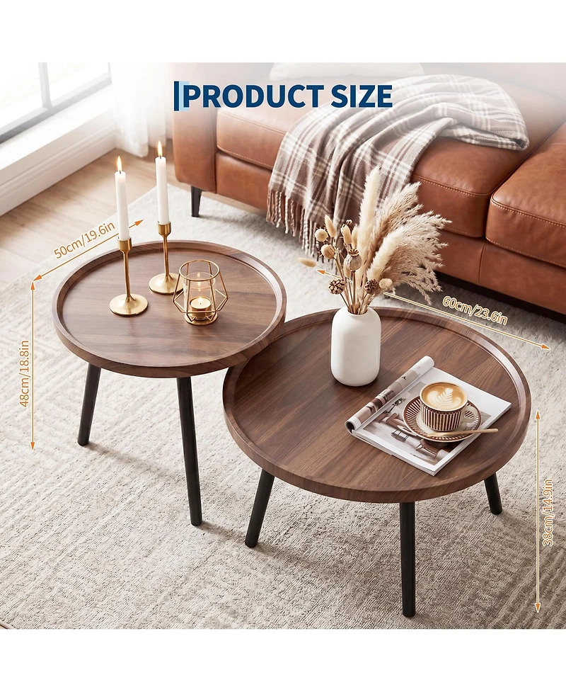 homfan Round Nesting Coffee Table Set of 2, Wood and Metal, Raised-Edge Accent Table