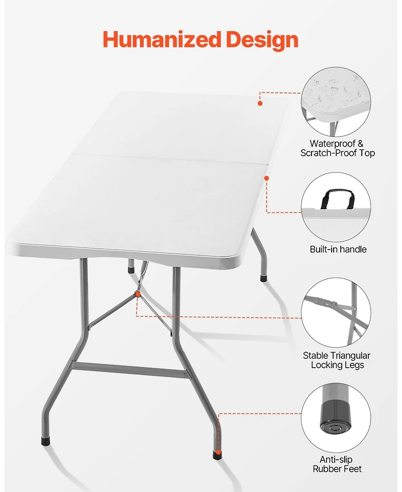 Sevorley 6 feet Fold-in-Half Utility Table with Carry Handle, Heavy Duty Plastic Folding Table, 330 lb Capacity