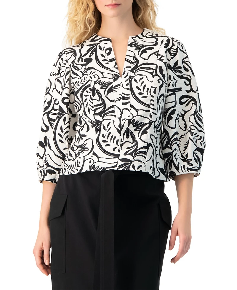 Ivonne Women's Graphic Brushstroke Floral Woven V-Neck Blouse