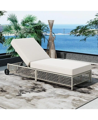 Asagikoiai Outdoor Lounge Chair, 5-Position Rattan Patio Chaise with Wheels and Cushion