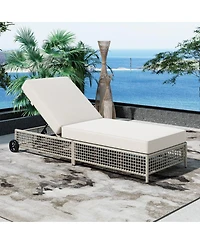 Asagikoiai Outdoor Lounge Chair, 5-Position Rattan Patio Chaise with Wheels and Cushion