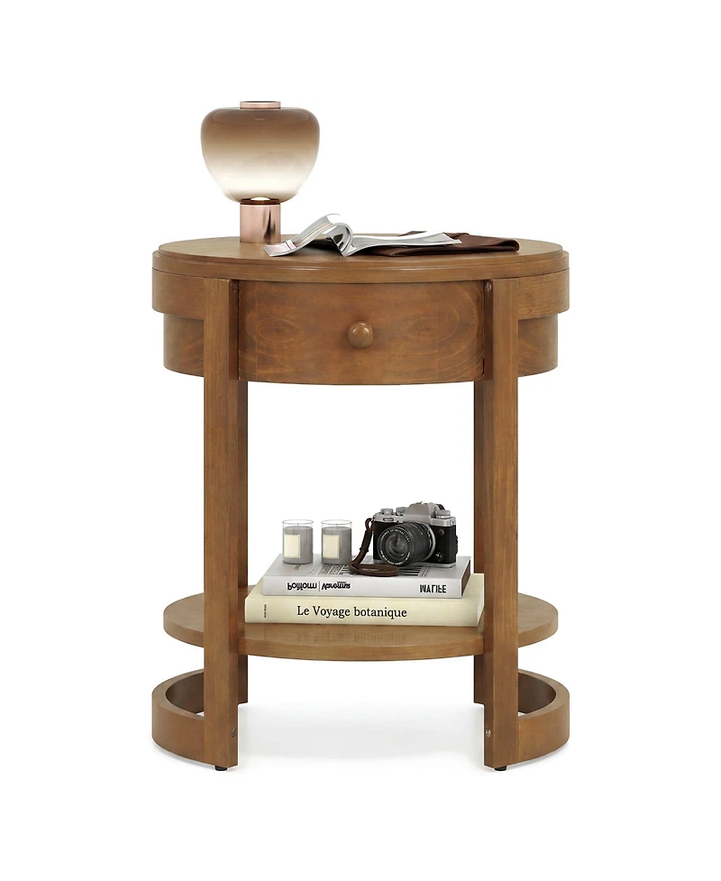 Gymax Round End Table 2-tier Mid Century Modern Nightstand with Drawer and Shelf