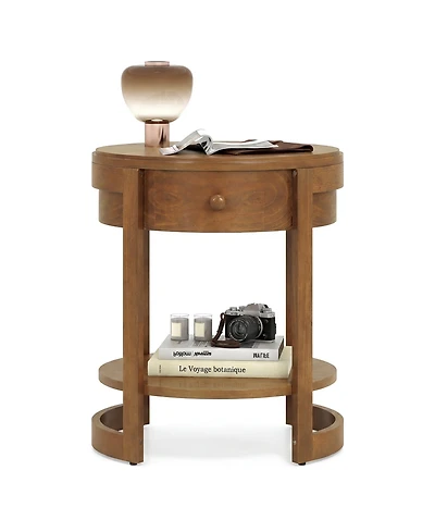Gymax Round End Table 2-tier Mid Century Modern Nightstand with Drawer and Shelf