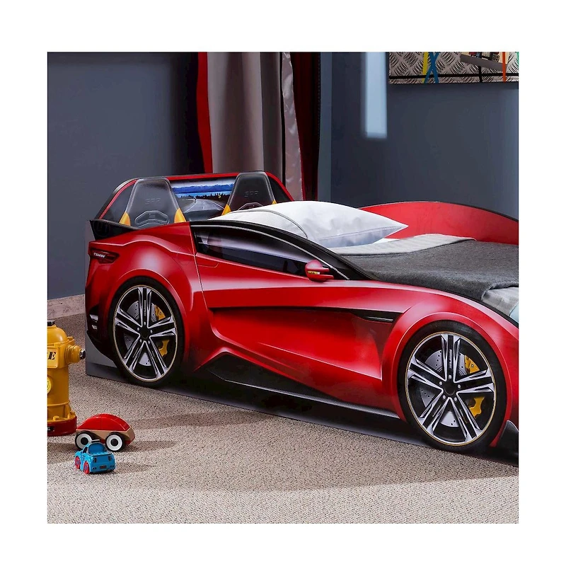 Cilek Kids Room Cilek Spyder Toddle-Size Race Car Bed, Red - Realistic 3D Graphics, License Plate