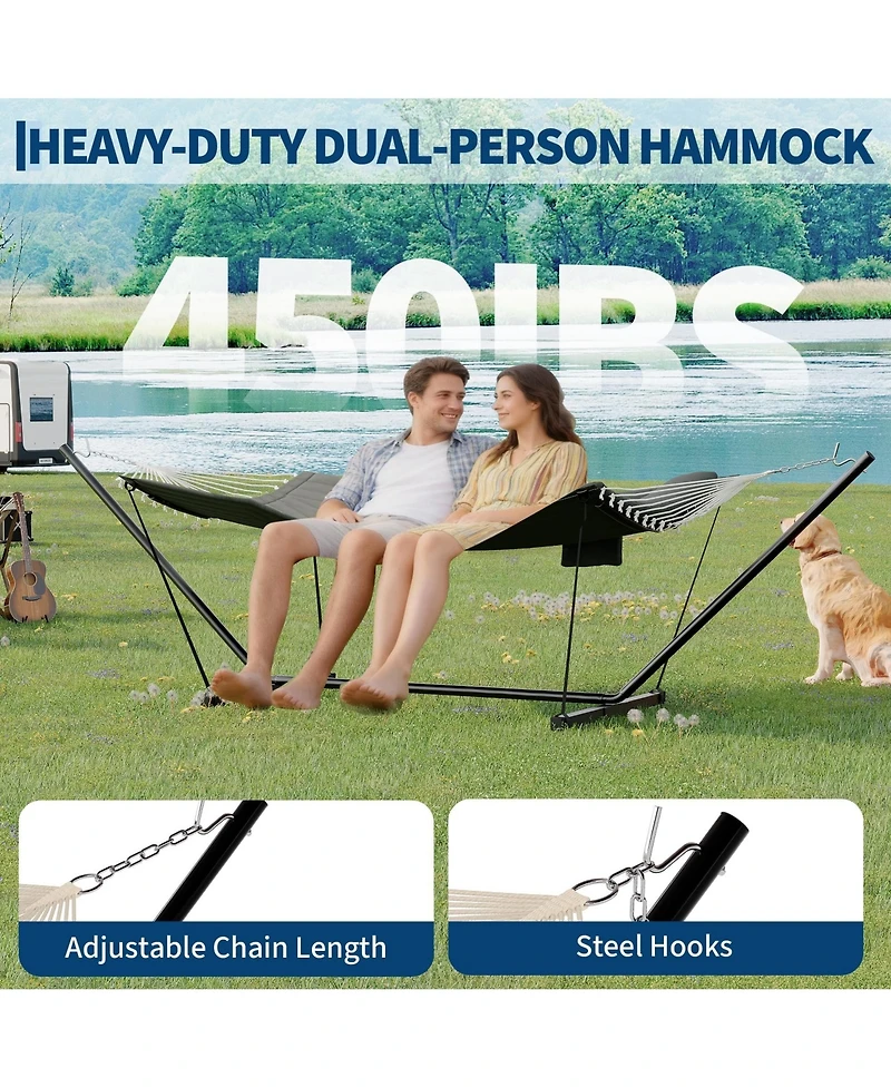 homfan Double Hammock with Stand for Outside –450 Lbs Capacity with Pillow and Balance Rope for Patio, Backyard or Poolside