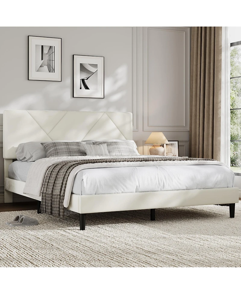 homfan Queen Upholstered Bed Frame with Diamond-Quilted Headboard and Wood Slats, No Box Spring and Noise-Free