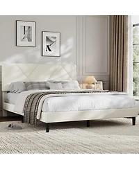 homfan Queen Upholstered Bed Frame with Diamond-Quilted Headboard and Wood Slats, No Box Spring and Noise-Free