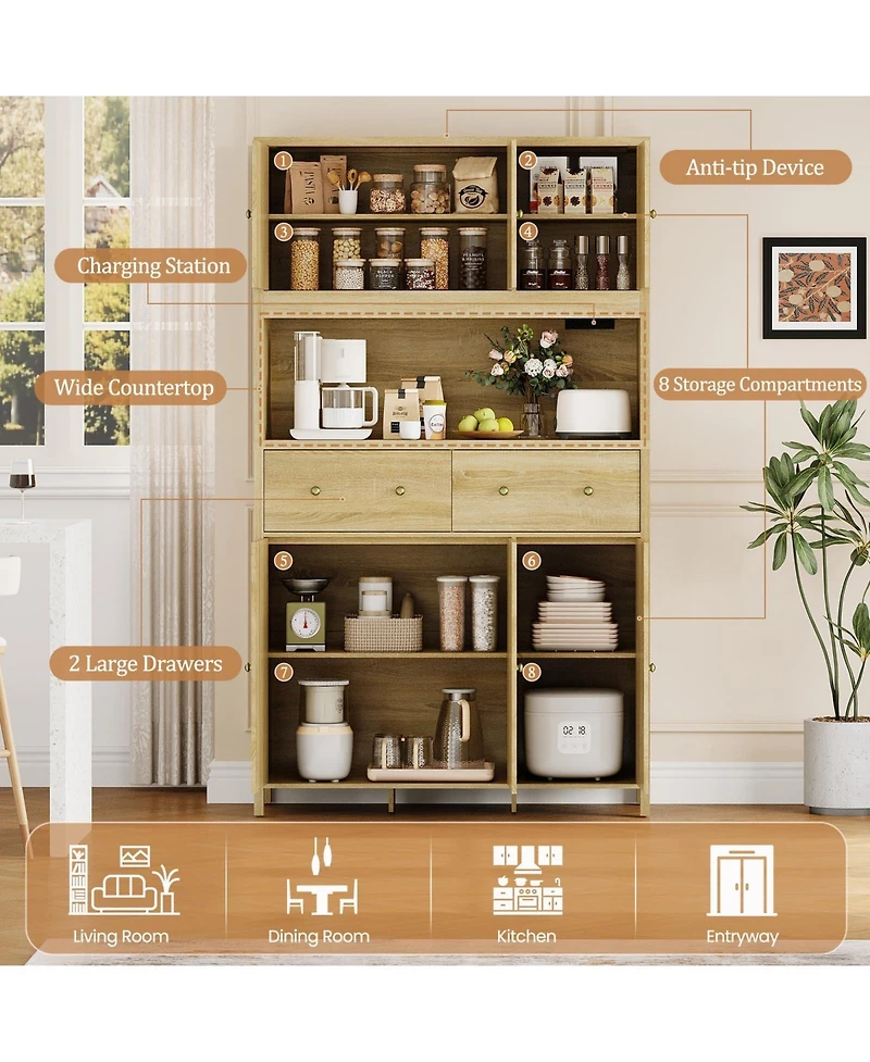 homfan 71" H Pantry Cabinet with Charging Station, Tall Kitchen Storage Countertop, Modern Hutch Drawers for Living Room, Dining Room