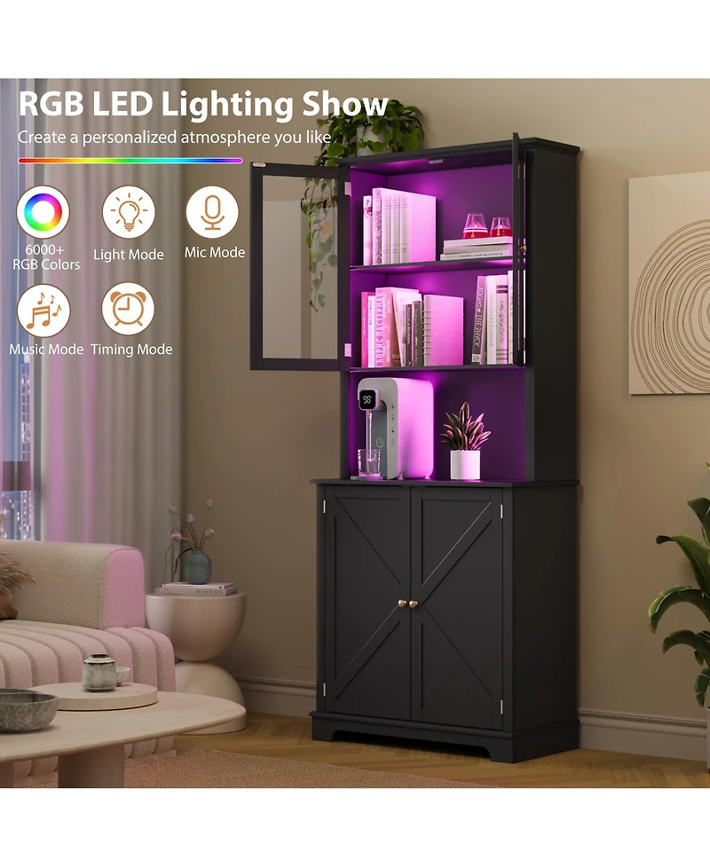 homfan 72"Tall Farmhouse Kitchen Hutch with Glass Doors, 41" Wide Storage Charging Station and Led Lights, Open Counter Shelf, Double Lower Doors