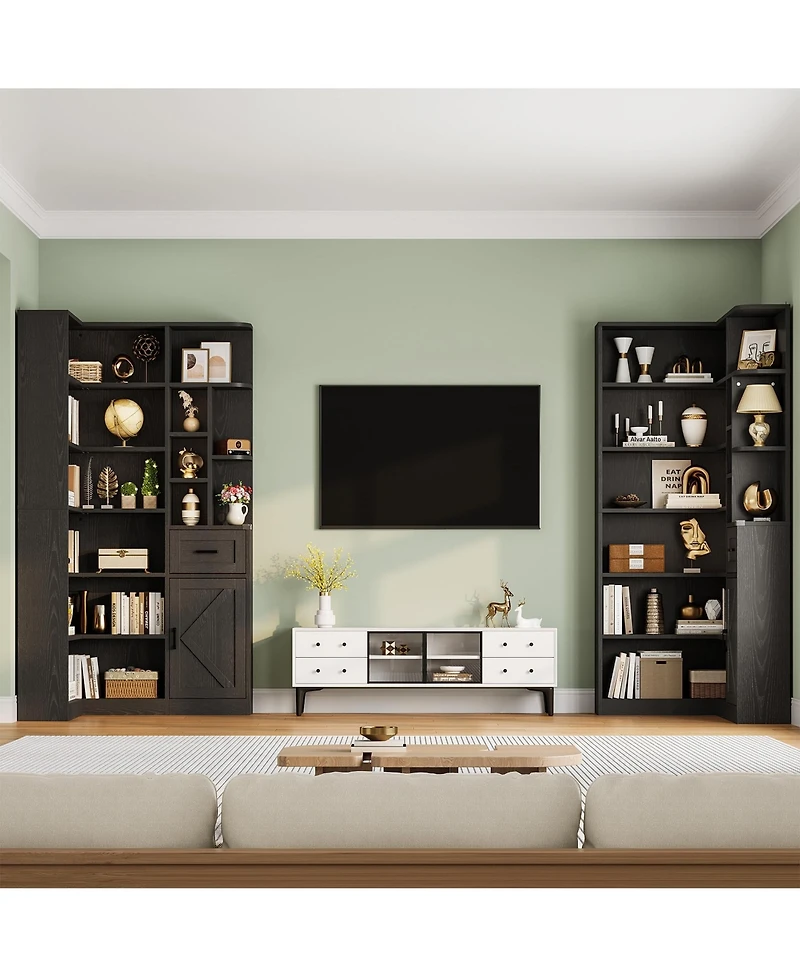 homfan 74'' Tall Corner Bookshelf, 6-Tier Book Shelf with Drawer and Cabinets, l-Shaped Bookcase Open Storage Shelves Modern Display for Home