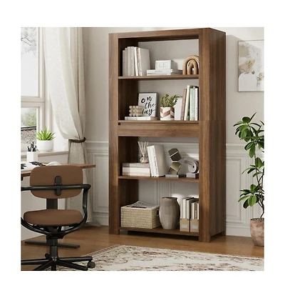 homfan 72" Tall Bookshelf, Vintage Bookcase with Drawer, 4-Tier Open Shelf, Thick Frame, Anti-Tip, Waterproof and Mark Resistant, for Office, Bedroom