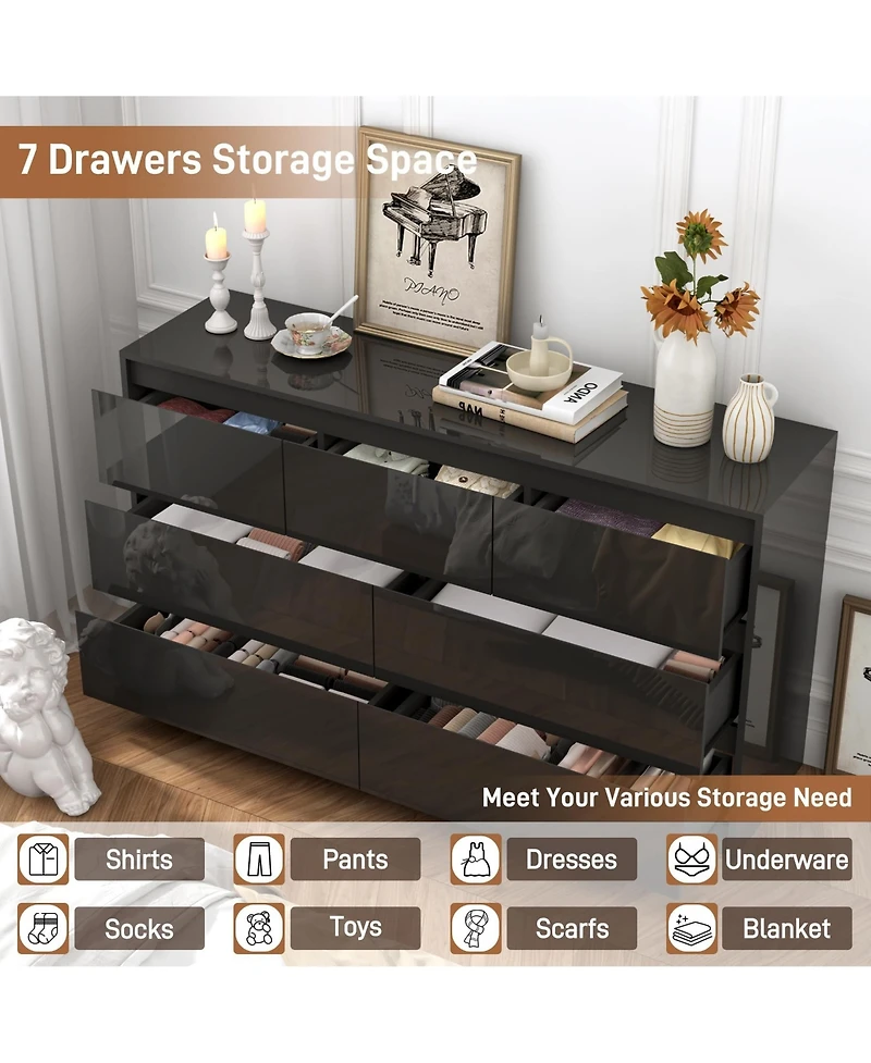 homfan Modern Handle-Free 7 Drawer Dresser, High Gloss Wood Chest for Bedroom Storage, Spacious Cabinet Living Room, Entryway, Hallway,