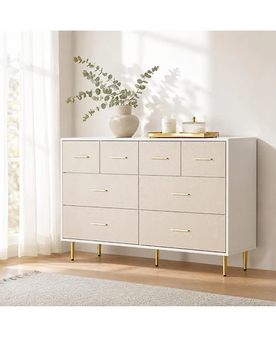homfan Dresser, Modern 8 Drawer Dresser for Bedroom with Handle and Legs, Wooden Nightstand with Linen-Textured Surface, Accent Cabinet End Table