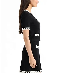 Ellen Tracy Women's Honeycomb-Stitch Contrast-Trim Short-Sleeve Sweater