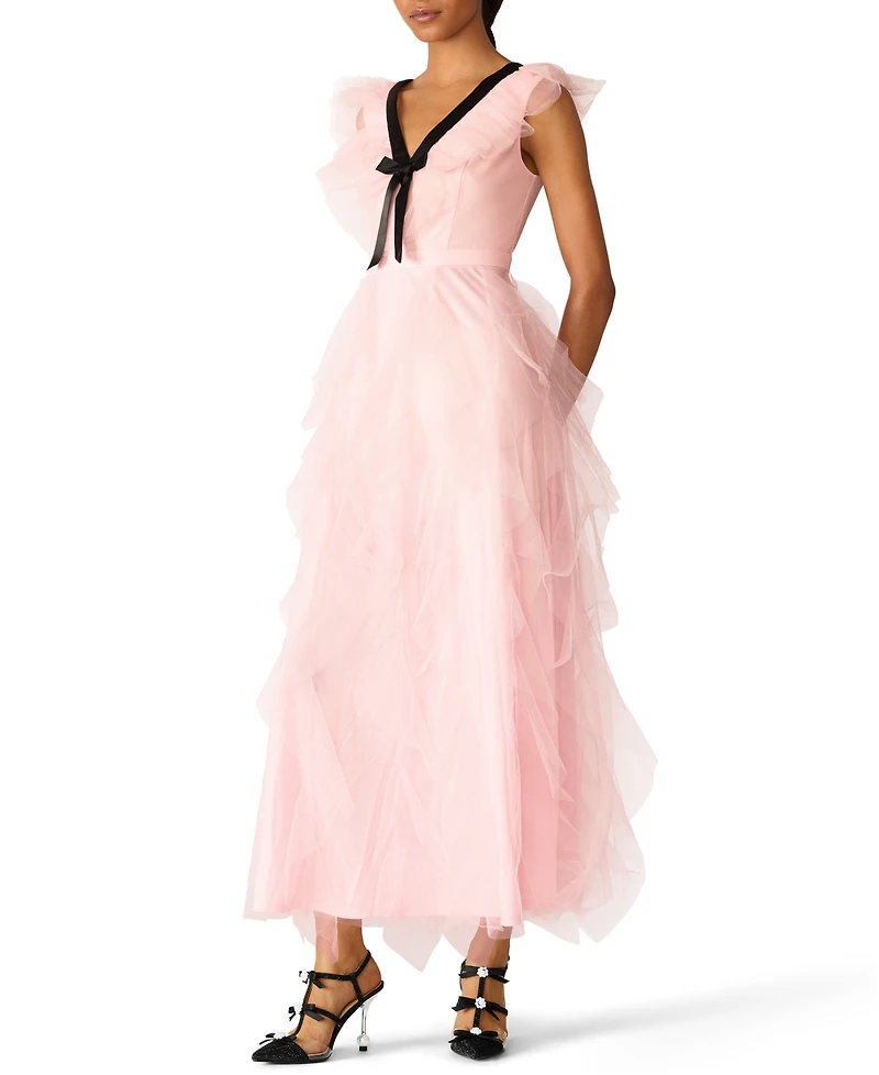 Betsey Johnson Juniors' Cascading Tulle Contrast Bow V-Neck Maxi Dress