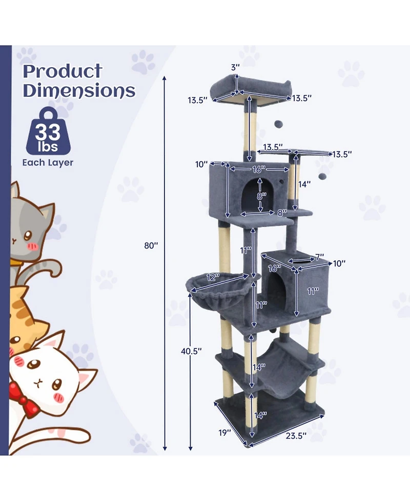 Hongge 80 Inch Cat Tree with 2 Large Condos Hammock Basket and Sisal Scratching Posts