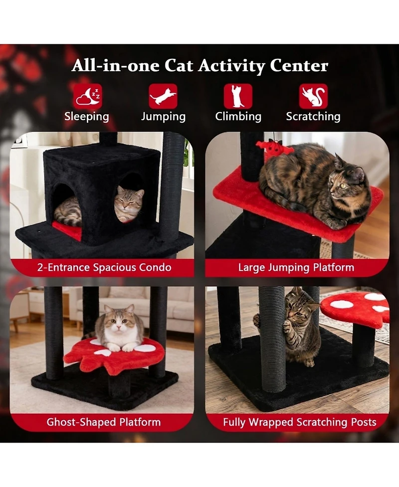Hongge 57 Inch Spooky Cat Tower with Spider Toy Ghost Platform and Scratching Posts