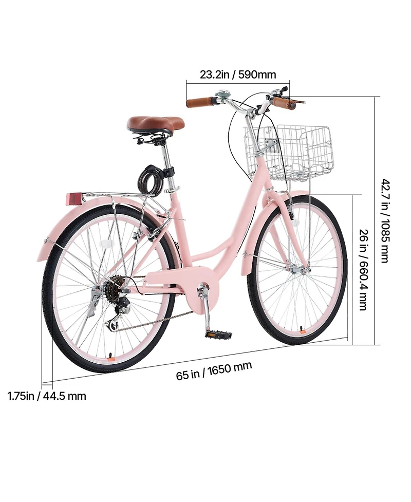 Sevorley 26 inch Pink Beach Cruiser Bike, 7-Speed with Basket and Rear Rack
