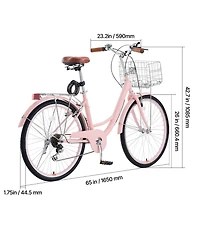 Sevorley 26 inch Pink Beach Cruiser Bike, 7-Speed with Basket and Rear Rack