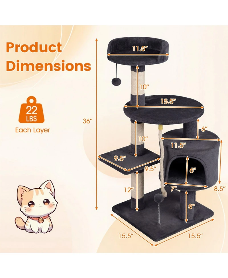 Hongge 36 Inch Kitten Tower with Condo Plush Perch and 3 Sisal Scratching Posts