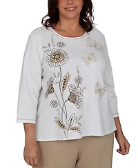 Alfred Dunner Plus Travel Advisory Floral Butterfly Line Embroidered Top