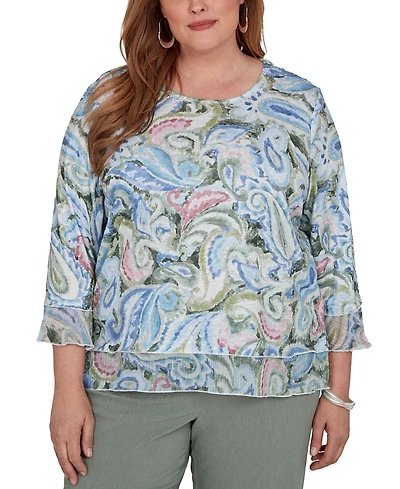 Alfred Dunner Plus Provence Paisley Woven Trim Knit Top