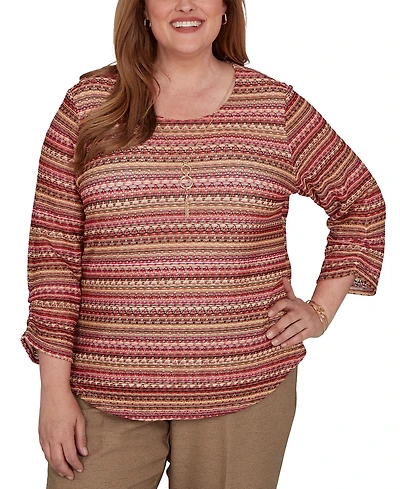 Alfred Dunner Plus Union Square Spacedye Biadere Stripe Top with Necklace