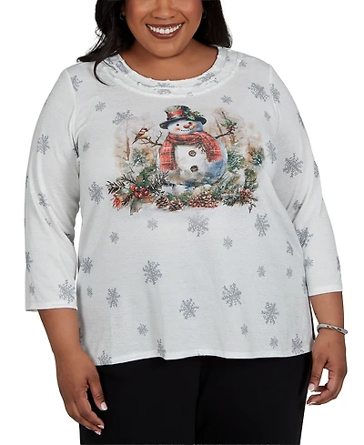 Alfred Dunner Plus Classic Shimmering Snowman Knit Top
