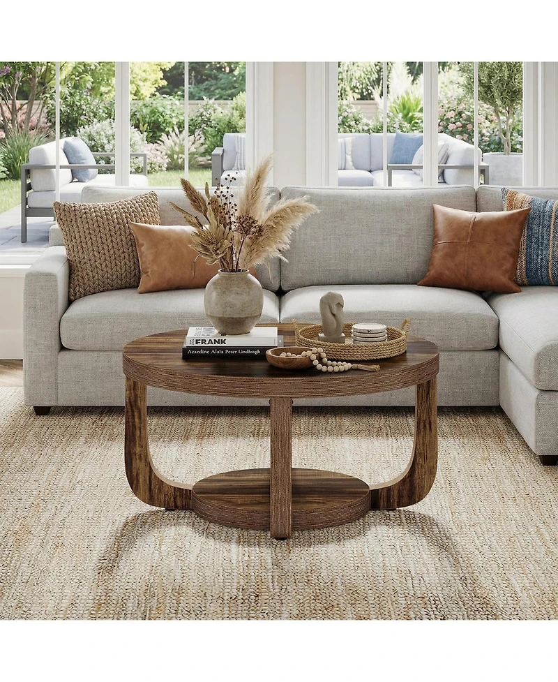 Tribesigns Round Coffee Table,31.5" 2-Tier Coffee Table with Storage Shelf,Rustic Wooden Center Table with Thick Tabletop for Living Room