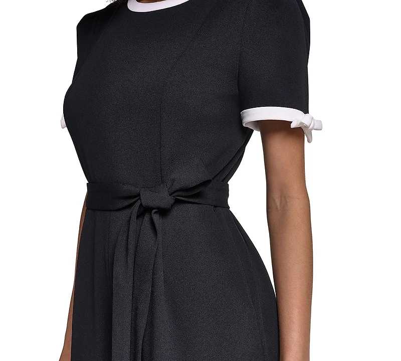 Karl Lagerfeld Paris Women's Scuba Crepe Jumpsuit Self Tie And Contrast Collar Sleeve Trim