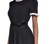 Karl Lagerfeld Paris Women's Scuba Crepe Jumpsuit Self Tie And Contrast Collar Sleeve Trim