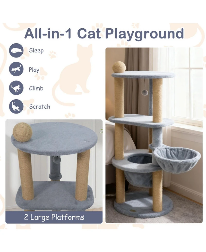 Hongge 47 Inch Cat Tower with Cozy Cat Nest Top Perch and Jute Scratching Posts